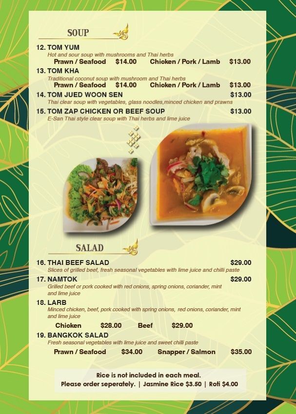 Thai menu page with plated dishes