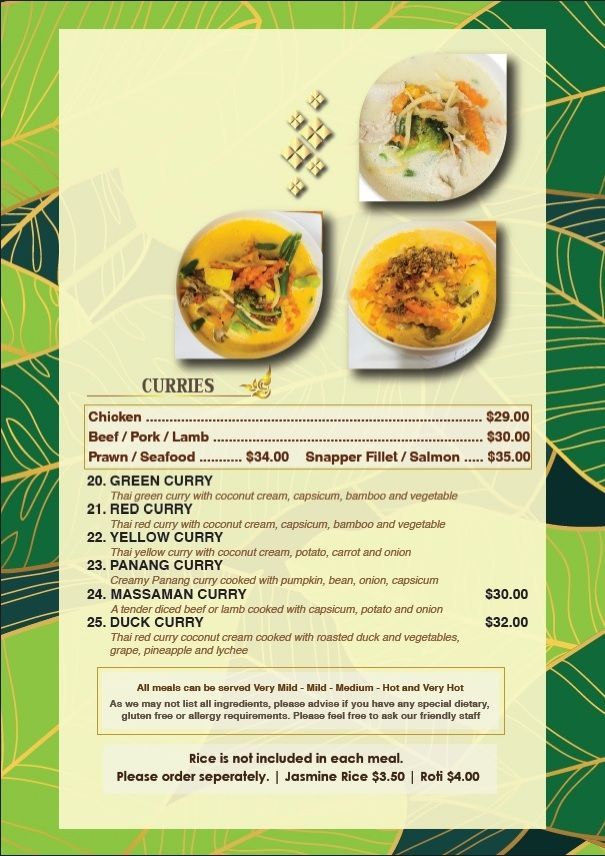 Dinner menu preview with Thai dishes