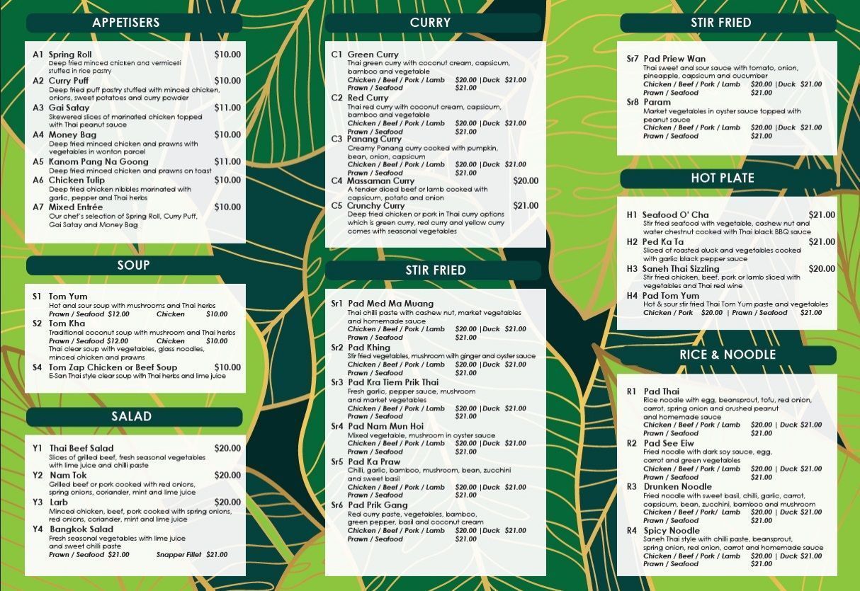 Sanehs Thai takeaway menu preview